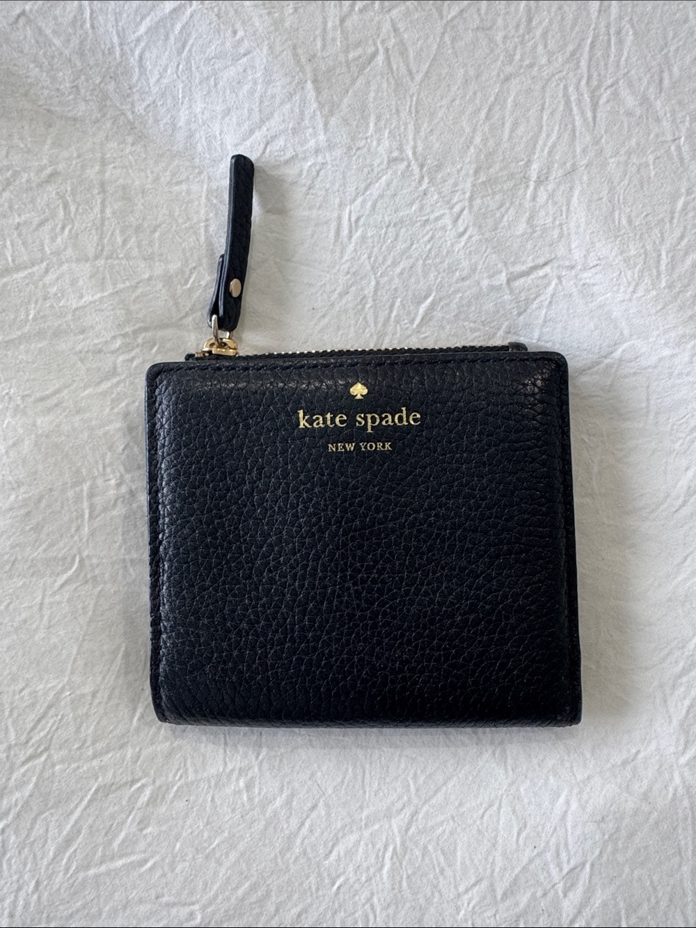 kate spade Black Pebbled Leather Zip-Around Wallet with Gold Logo
